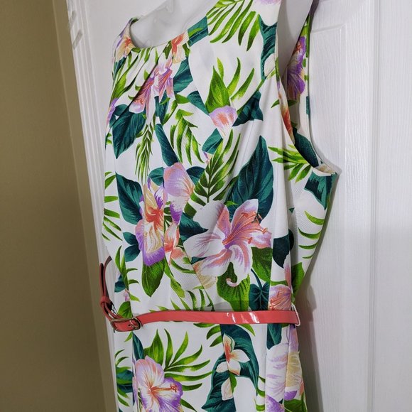 Dressbarn White Green Purple Floral Sleeveless Belted Midi Dress - size 16W - Picture 7 of 15